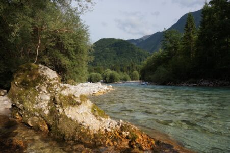 Soca River in Slovenia near Bovec Cloudy day on Soca River