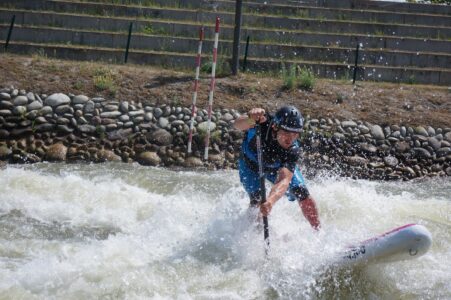 Pink paddleboard and gates on Artificial Slalom Course