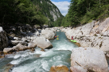 Three SUP riders on whitewater river