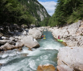 Three SUP riders on whitewater river