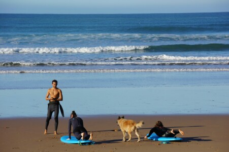 Surfers warm up on beach